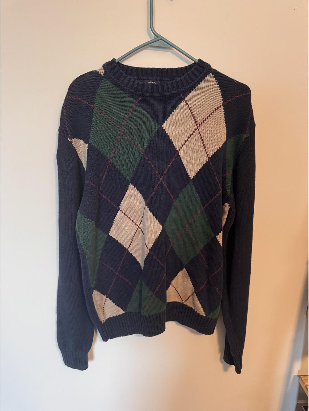Vintage Dockers Argyle Sweater Navy Blue Green Tan Knit Crewneck 90s Medium